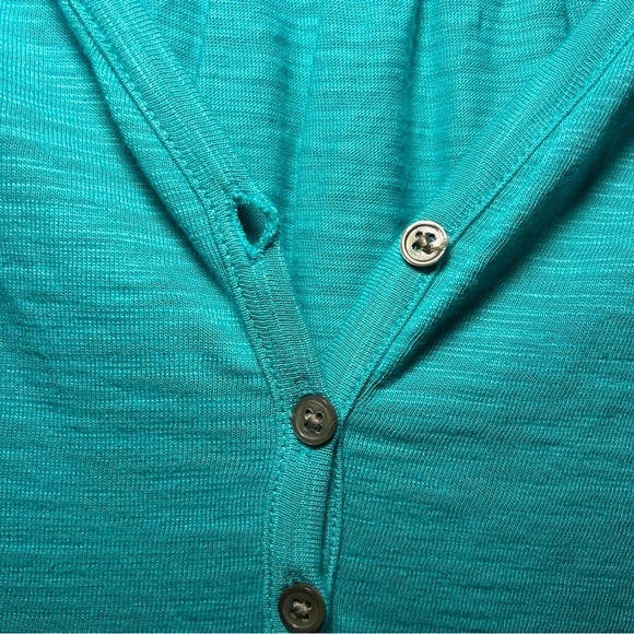 NWT Chico’s Aqua Azul Cotton Slub Henley Elbow Basic Knit Short Sleeve Top Sz L - Picture 2 of 10